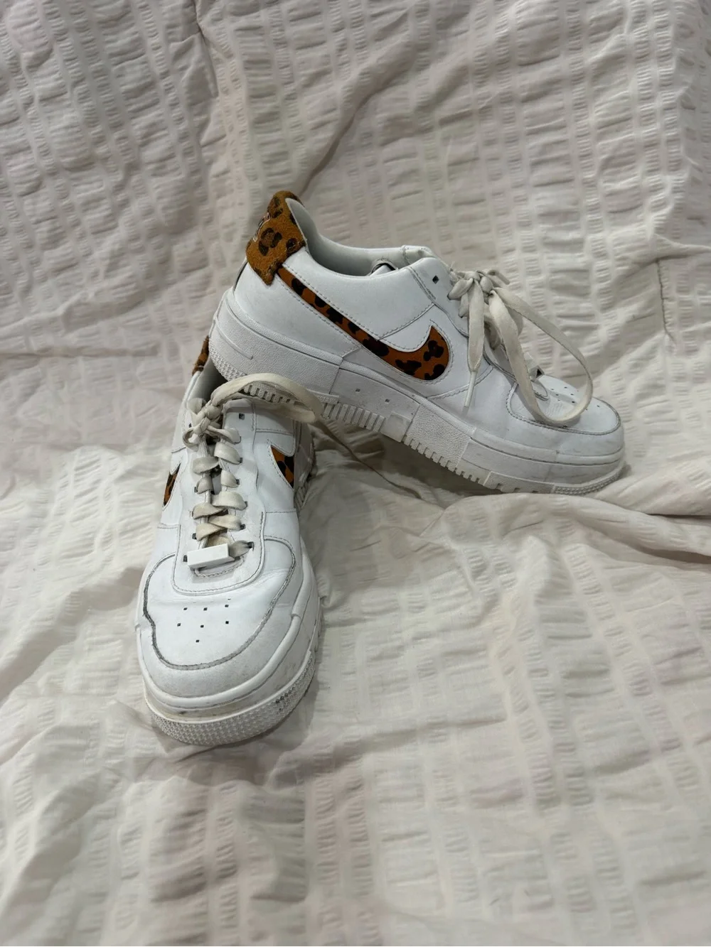 Nike White Sneakers with Leopard Swoosh and Heel